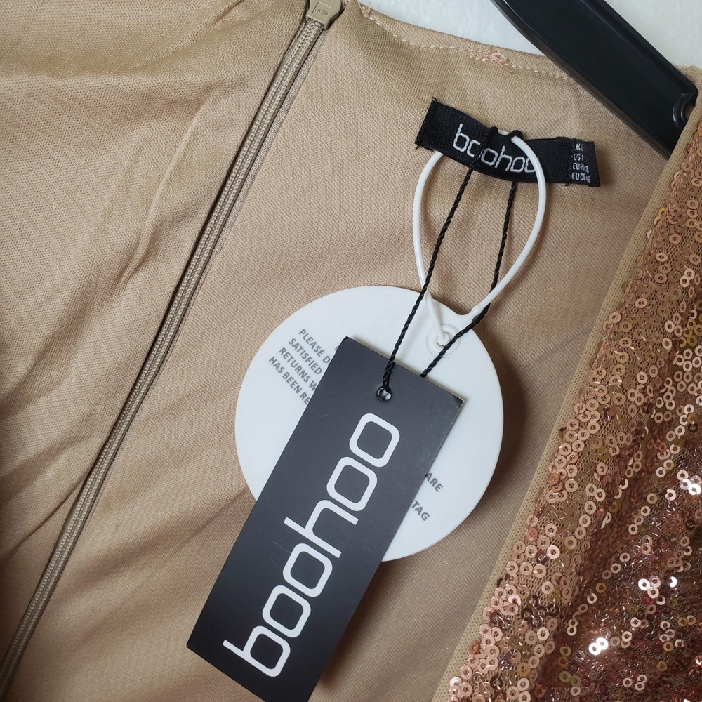 Boohoo NWT Sequin Puff Sleeve Skater Dress Champagne Rose Gold Plus Size 16 - Picture 10 of 14